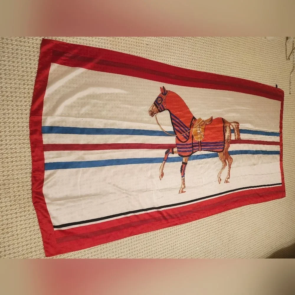 Oversized 100% Silk Equestrian Horse Print Scarf Bold Red Border Ret. 125€/$150